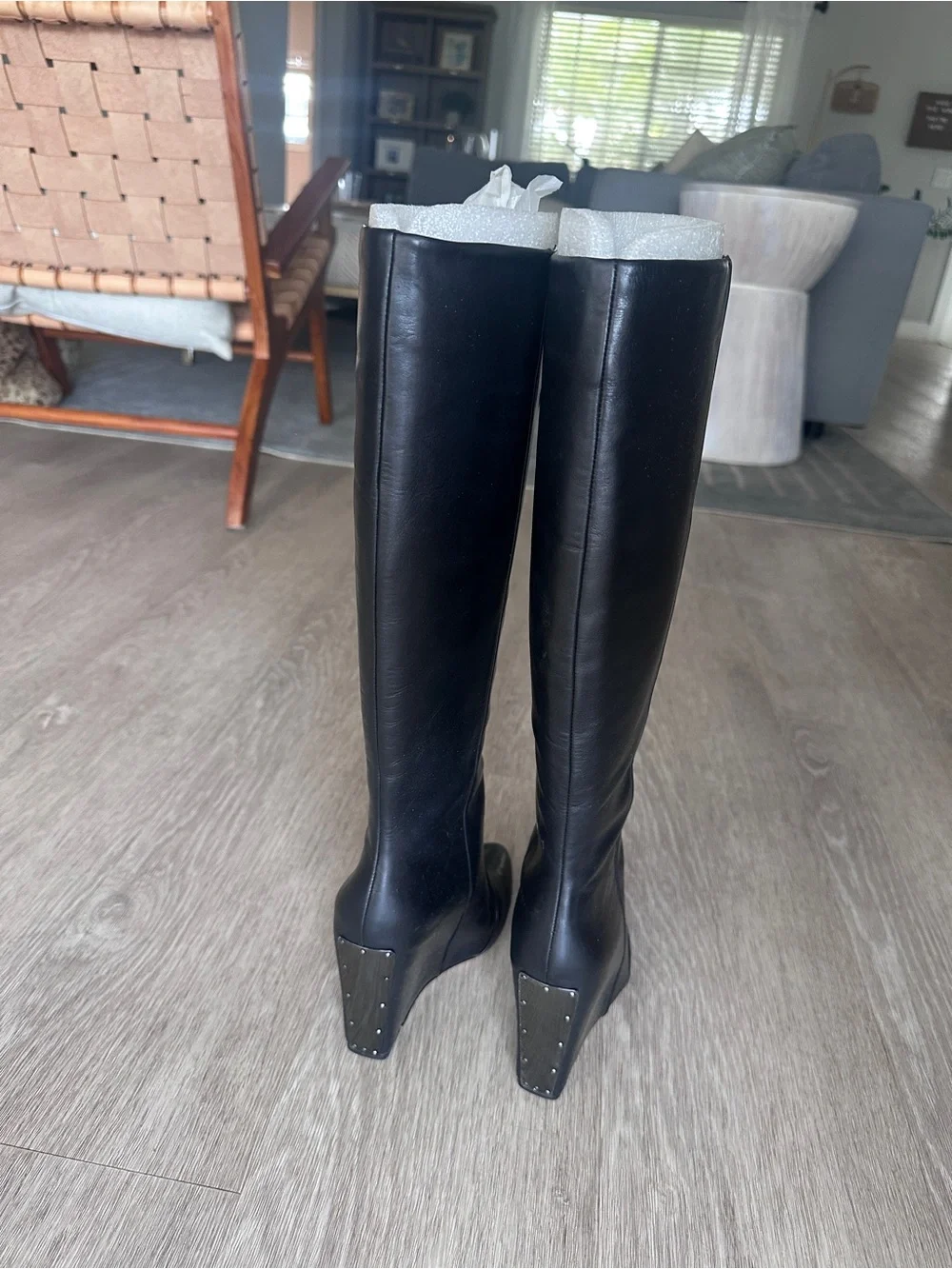 BCBGMAXAZRIA NWT Black Knee-high Leather Boots with Studded Wedge Heel